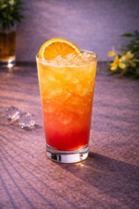 Ein rot orangener Genuss mit Pfirsich, Zitrone und Granatapfel, eine fruchtige Erfahrung für sommerliche Abenteuer