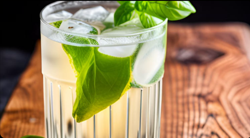 Ein klarer Cocktail mit Basilikum, Zitronensaft und Gin - dekoriert mit Basilikum Blättern