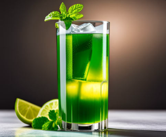 Frisch mit Blue Curacao Sirup und Orangensaft entsteht ein intensiv grüner Cocktail