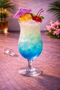 Ein blauer und cremiger Cocktail - alkoholfrei - exotisch im Geschmak mit Anannass Saft, Orangensaft und Kokos Sirup abgerundet