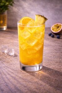 Ein alkoholfreier Cocktail mit der Farbe der Sonne - Fruchtig und süß mit Anannassaft, Maracuja-Aroma und Orangensaft