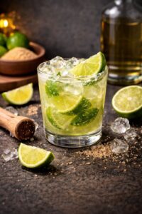 Caipirinha ist ein klassiker, mit Limetten, Rohrzucker und Pitu serviert
