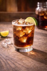 Ein Longdrink mit Whisky, Eis und Cola mit einem Minzblatt serviert