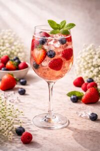 Der Cocktail, der mit seinen ganzen Beeren und der edlen Verzierung besticht
