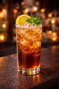 Ein Long Island Ice Tea Cocktail auf einem Bar Tresen, im Hintergrund sind Lichter